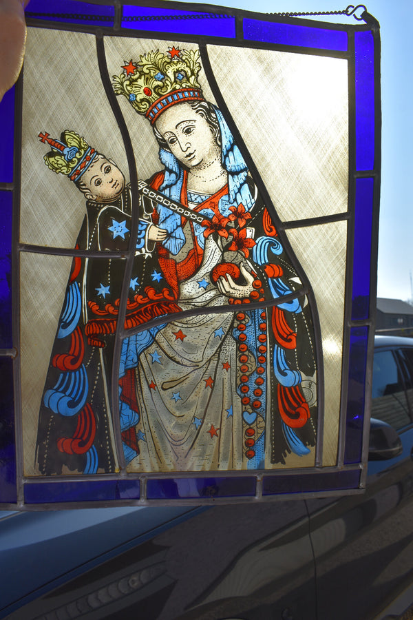 Antique Stained glass window panel Sterre Der Zee madonna Maastricht religious