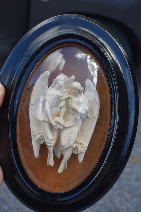 Antique 19thc meerschaum carved archangels figurine cross convex glass globe