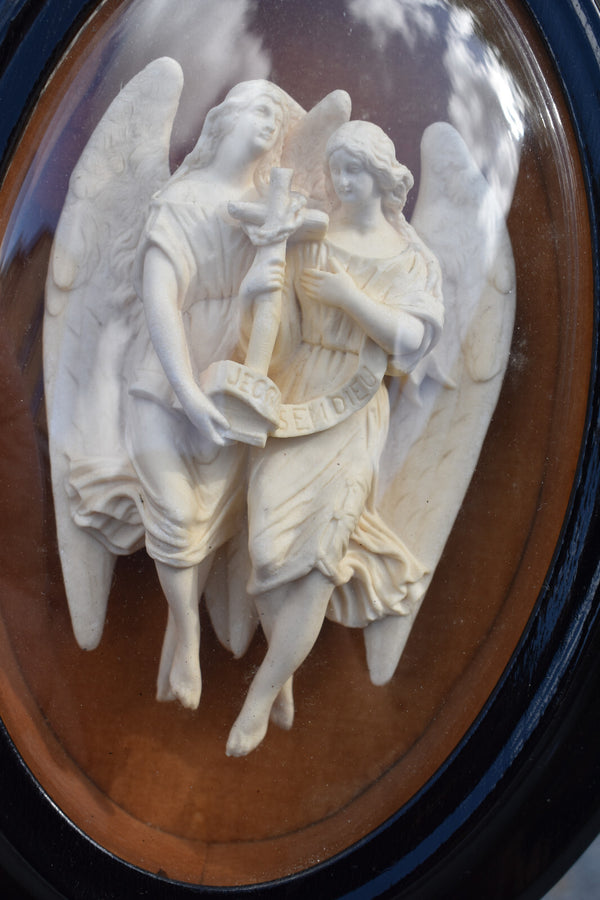 Antique 19thc meerschaum carved archangels figurine cross convex glass globe