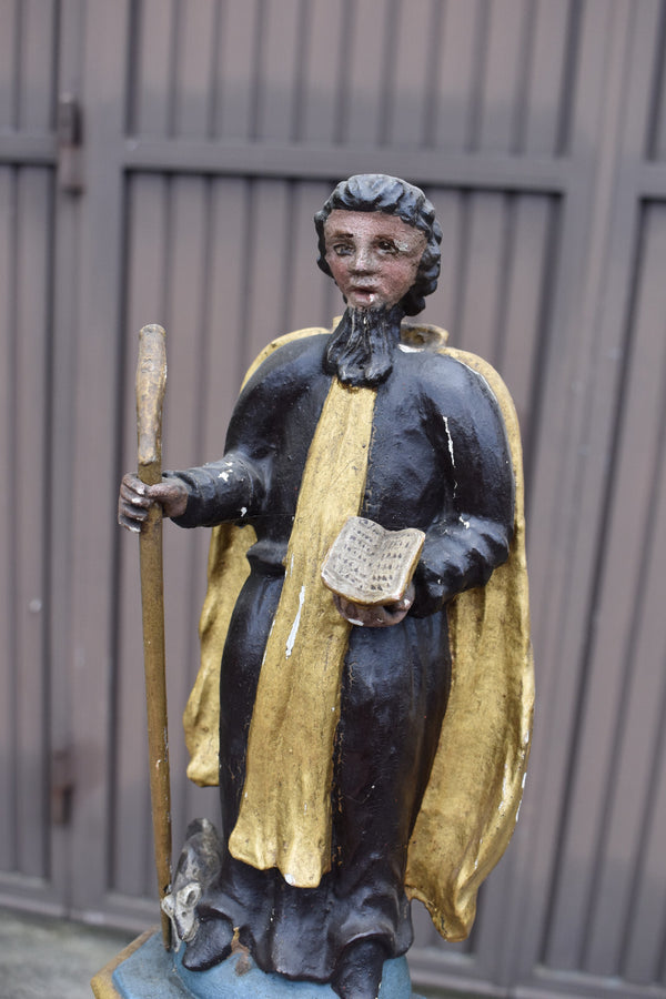 Antique 19thc Wood carved polychrome chapel nich wall saint roch statue rare