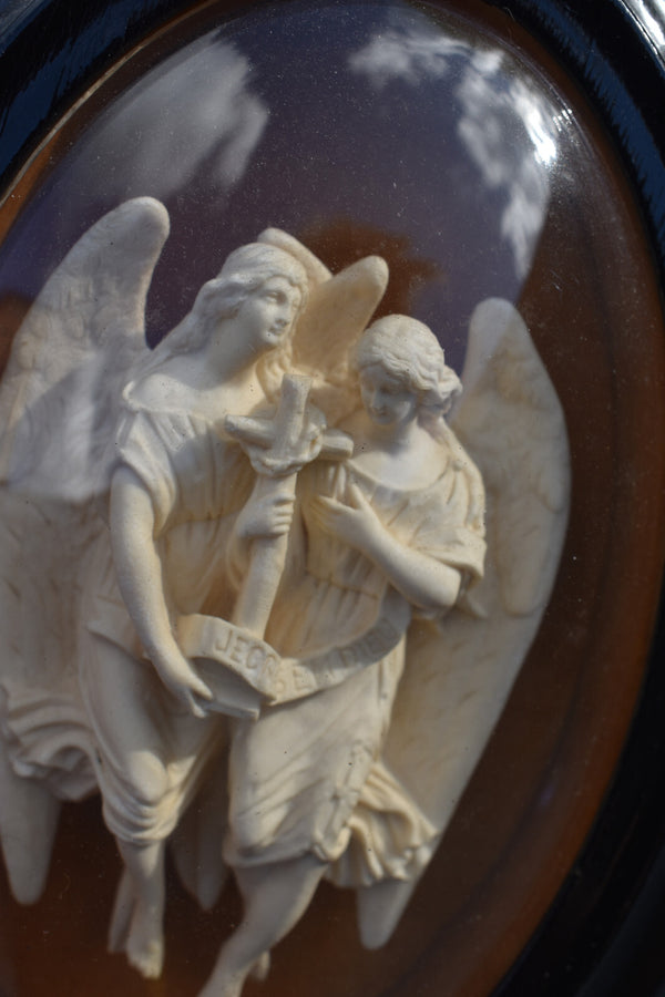 Antique 19thc meerschaum carved archangels figurine cross convex glass globe