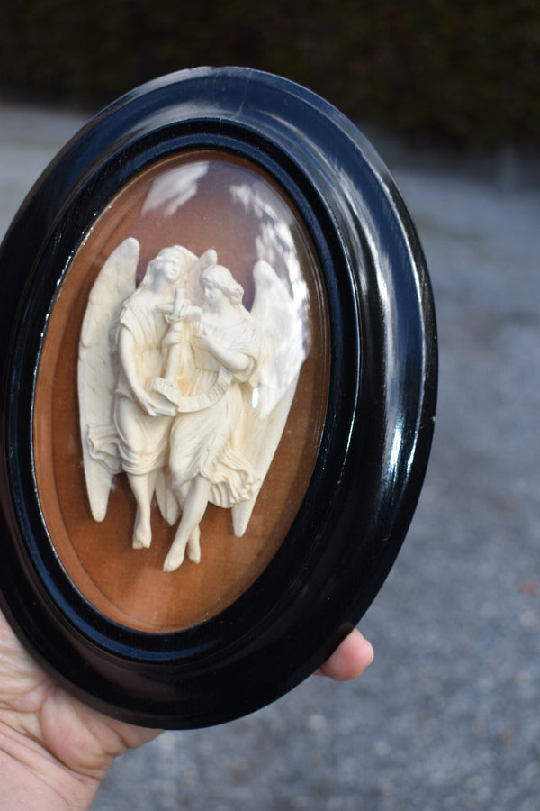 Antique 19thc meerschaum carved archangels figurine cross convex glass globe