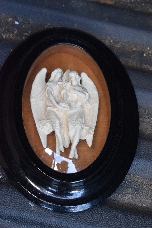 Antique 19thc meerschaum carved archangels figurine cross convex glass globe
