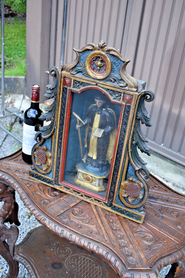 Antique 19thc Wood carved polychrome chapel nich wall saint roch statue rare
