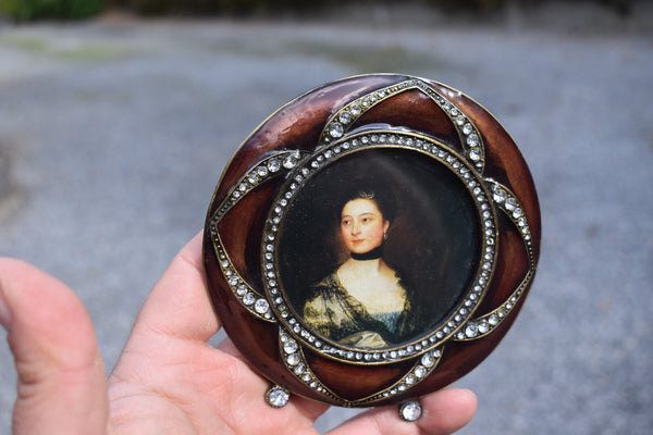 Vintage metal enamel rhinestone round picture photo frame