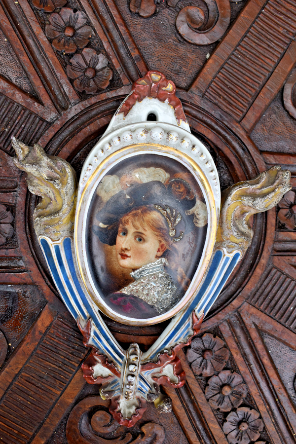 Antique 1888 hand paint ceramic signed Wall pick flower vase portrait lady