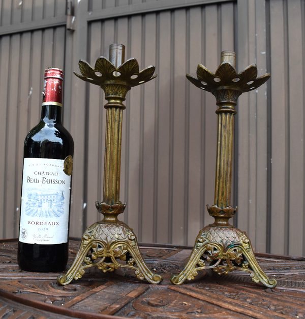 pair antique bronze church candlesticks candle holders