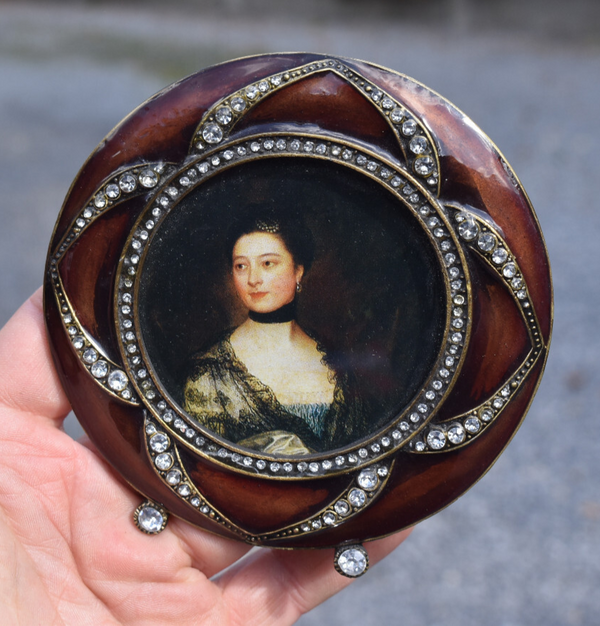 Vintage metal enamel rhinestone round picture photo frame