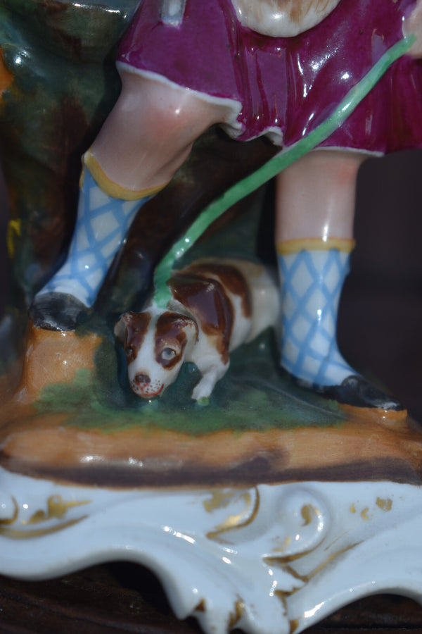 Pair antique french porcelain hunt couple dogs figurine inkwell feather holders