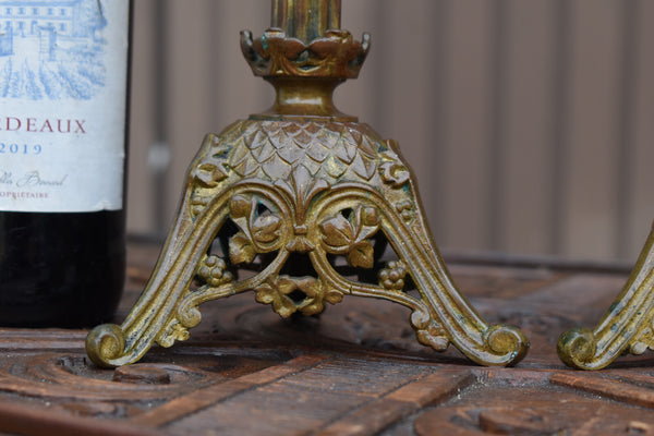 pair antique bronze church candlesticks candle holders