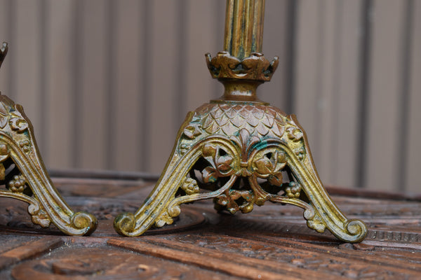 pair antique bronze church candlesticks candle holders