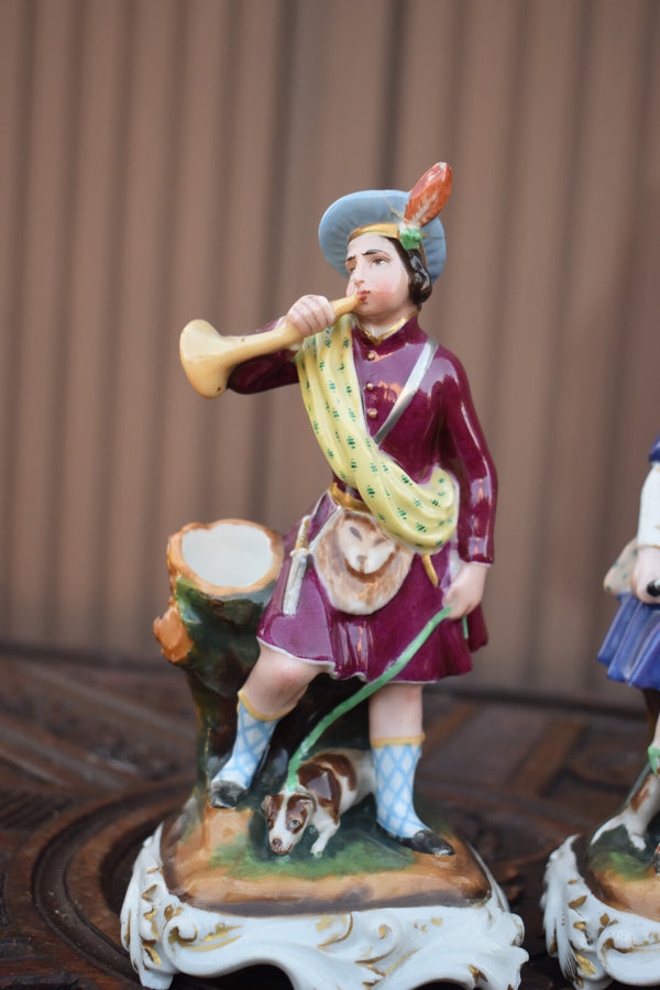 Pair antique french porcelain hunt couple dogs figurine inkwell feather holders