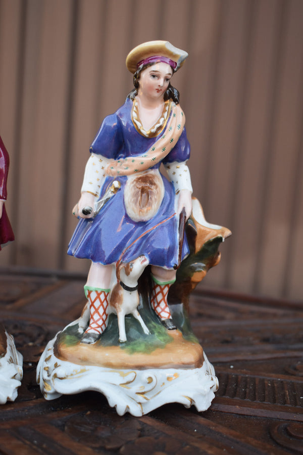 Pair antique french porcelain hunt couple dogs figurine inkwell feather holders