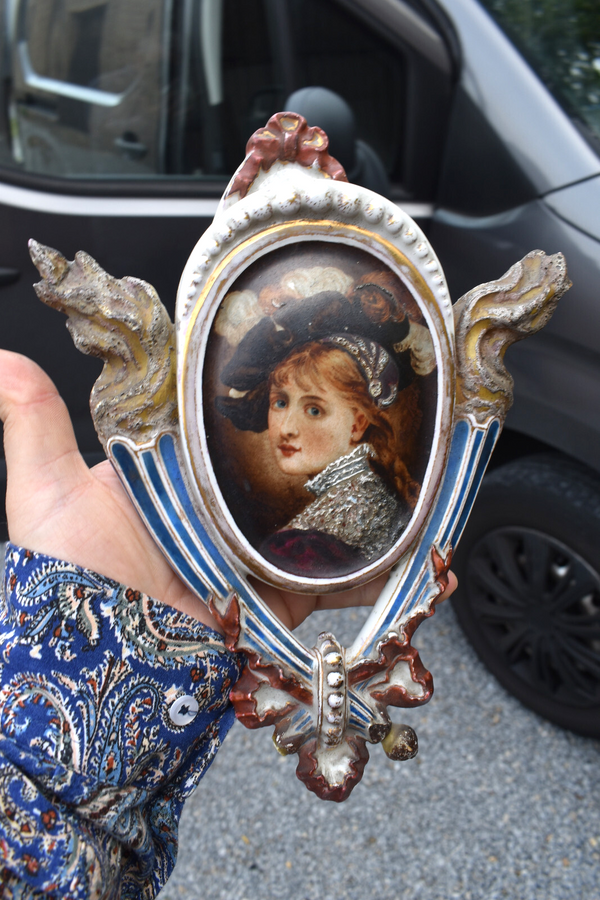 Antique 1888 hand paint ceramic signed Wall pick flower vase portrait lady