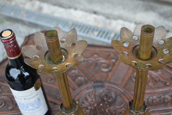 pair antique bronze church candlesticks candle holders