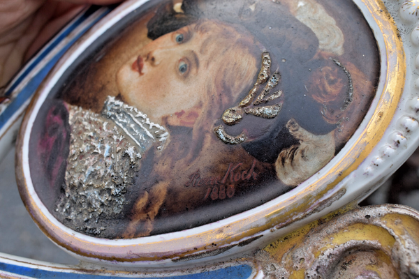 Antique 1888 hand paint ceramic signed Wall pick flower vase portrait lady