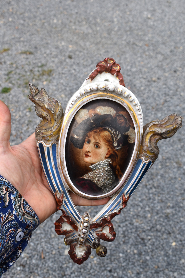 Antique 1888 hand paint ceramic signed Wall pick flower vase portrait lady