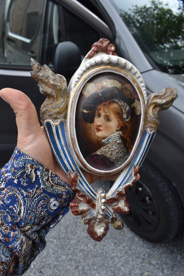 Antique 1888 hand paint ceramic signed Wall pick flower vase portrait lady