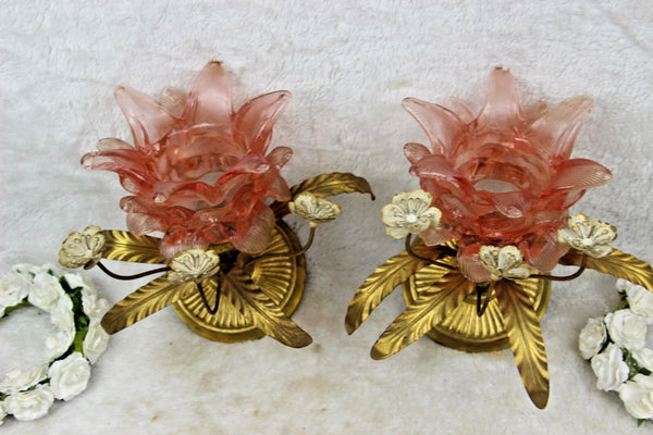 PAIR hollywood regency  wall lights sconces metal pink glass attr maison jansen