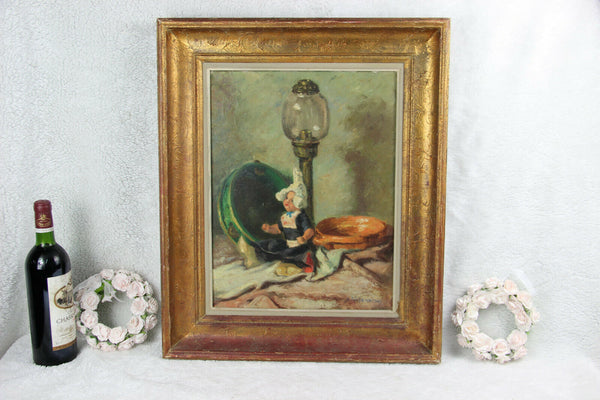 Flemish school oil canvas painting Signed artist play doll still life vintage