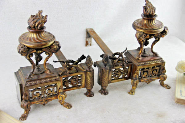 PAIR Huge  Bronze antique Fireplace andirons putti heads lion ram paws rare