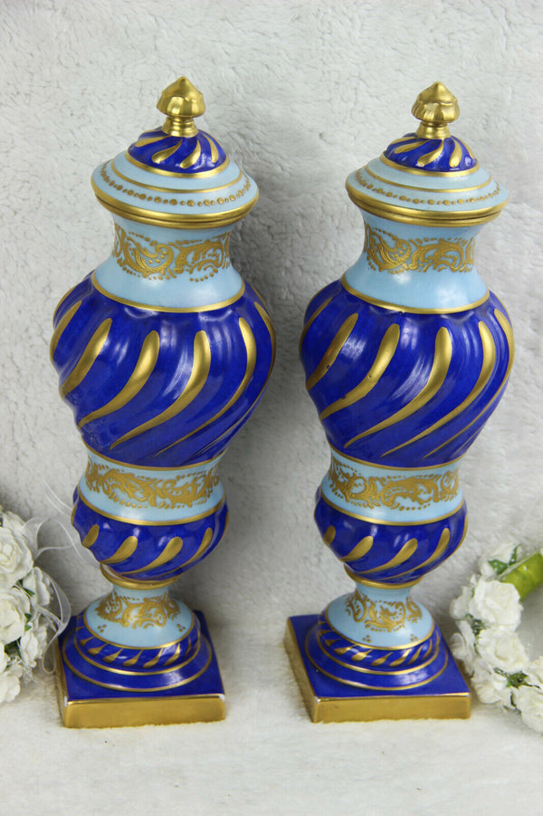 PAIR French antique barley twist Blue Vases in sevres porcelain marked