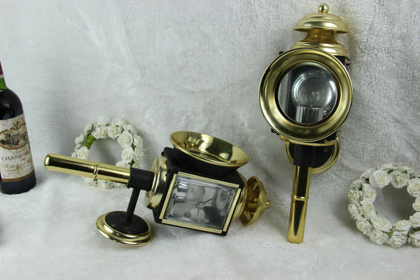 PAIR vintage Wall sconces Carriage coach lamps glass metal England 1970