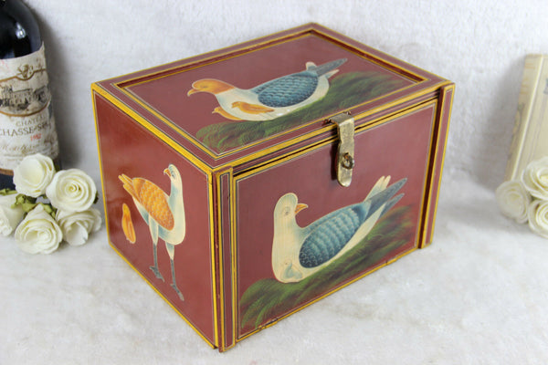 Rare French handmade paint birds Wood carved jewelry Box drawers inside 1970