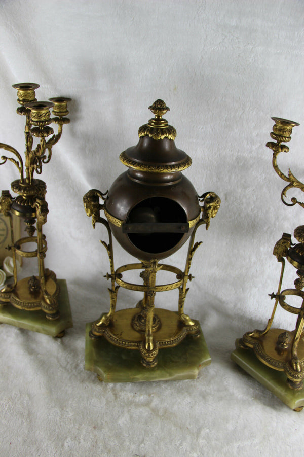 Antique empire French clock set candelabras ram heads paws onyx marble base