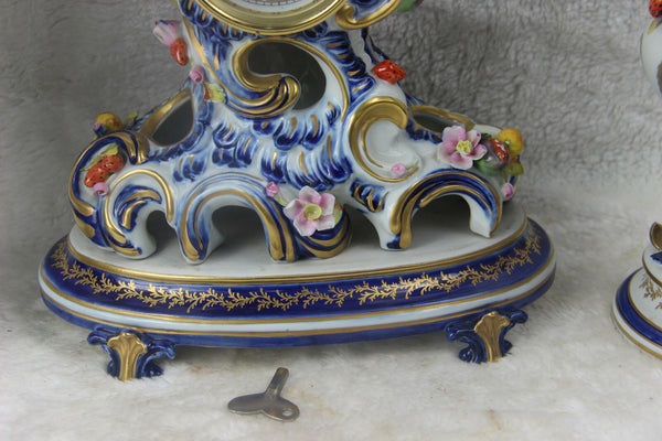 Set French clock vases sevres porcelain relief floral decor