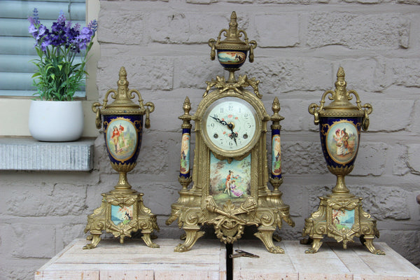 French Porcelain Clock set urns vases victorian romantic scenes