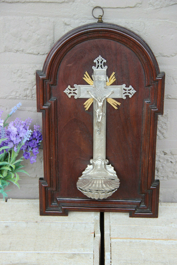 Antique french wood religious plaque crucifix holy water font metal rare