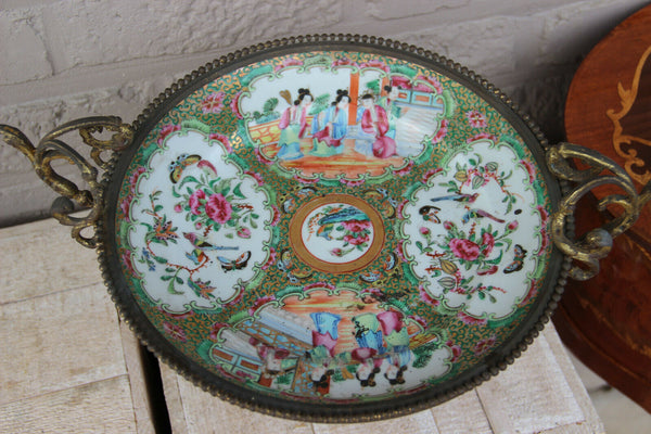 Gorgeous Canton chinese porcelain plate Bronze frame lion paws centerpiece bowl