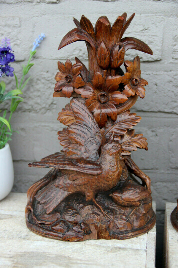 PAIR antique Black forest wood carved partridge birds statue figurines