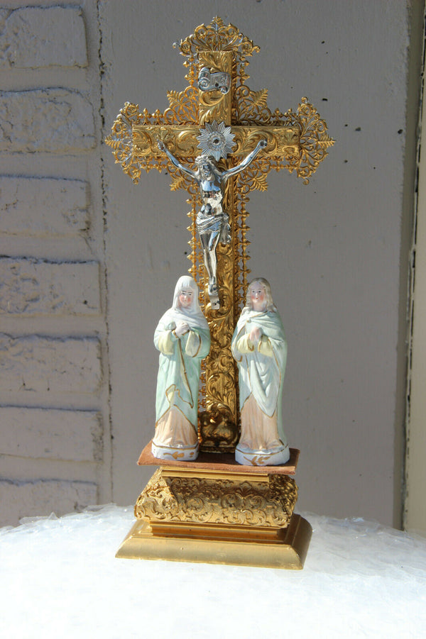 Antique French crucifix wood metal porcelain statue mary magdalena Religious