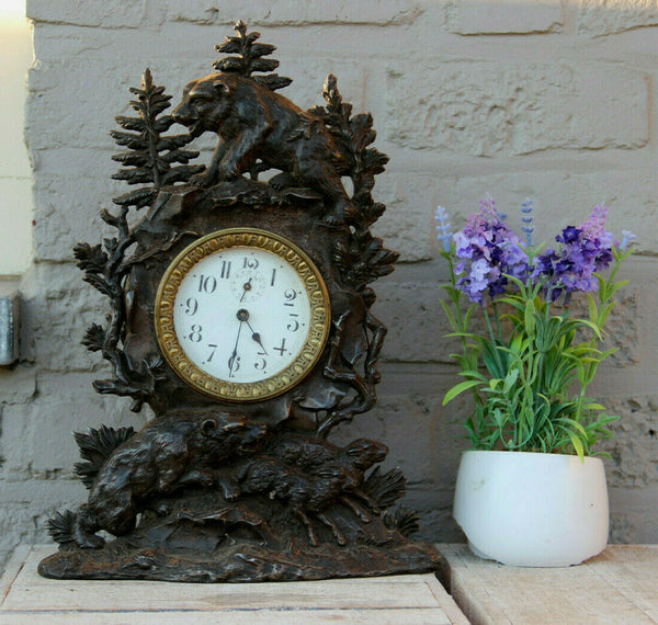 Antique Black forest Cast iron bear hunting sheep animal theme mantel clock