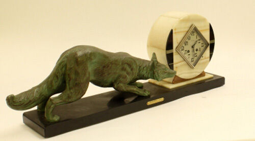 XXL ART DECO 1937 French Fox spelter bronze marked clock marble base rare