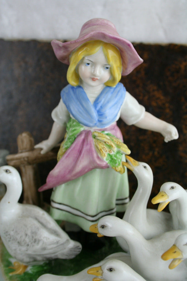 VTG German porcelain marked Figurine girl goose kitten group 1960's