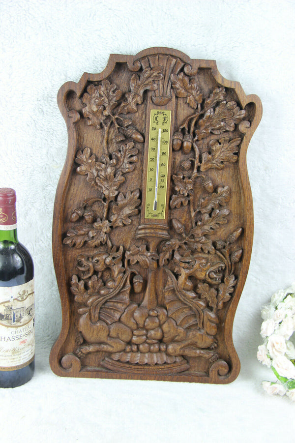 Antique black forest wood carved gothic dragons fruits wall plaque panel