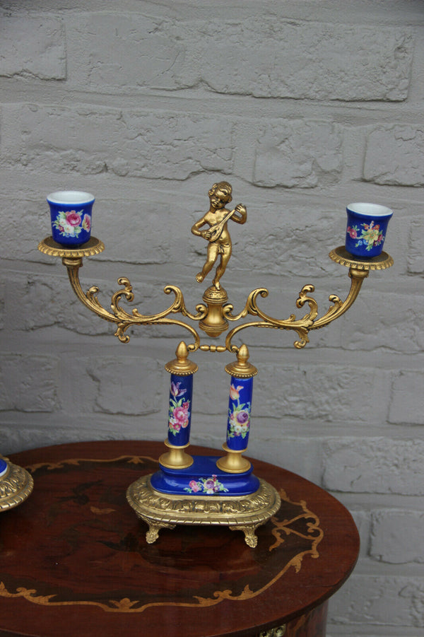 Superb French vintage porcelain putti angels floral clock set candlesticks 1960