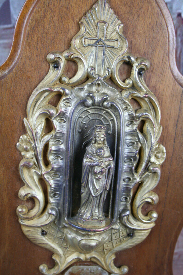 Antique FRench 1900 Brass Bronze Holy water font benitier  Louis XV wood plaque