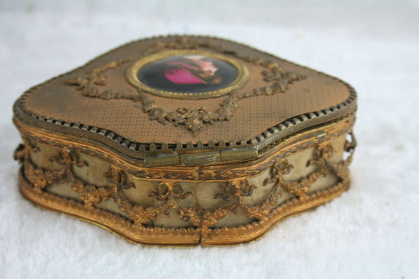 French antique Louis XVI Jewelry trinket box porcelain miniature lady limoges