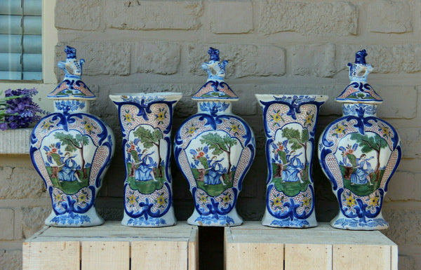 Antique holland 19th Adriaen kocks Delft pottery marked set 5 vases