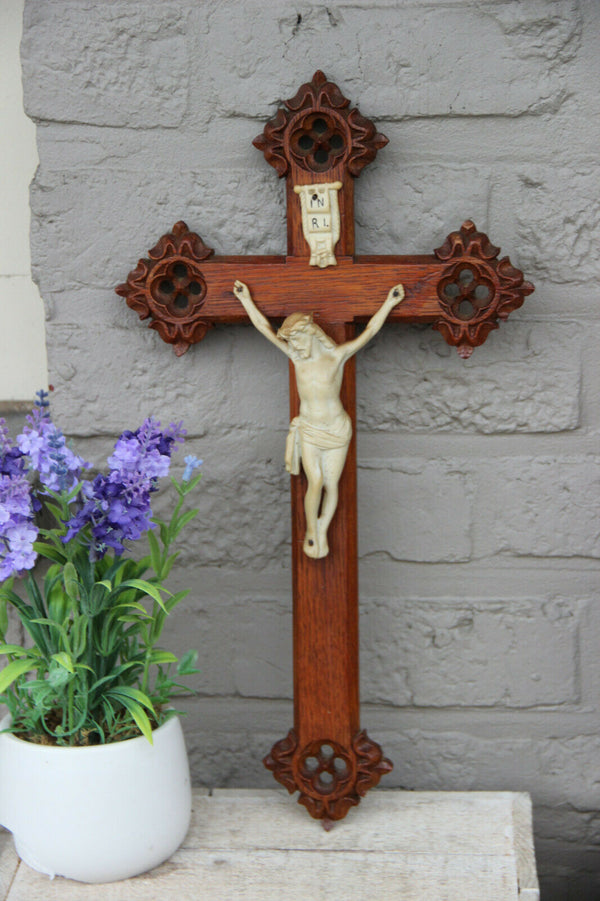 Antique neo gothic wood carved porcelain christ jesus cross religious crucifix