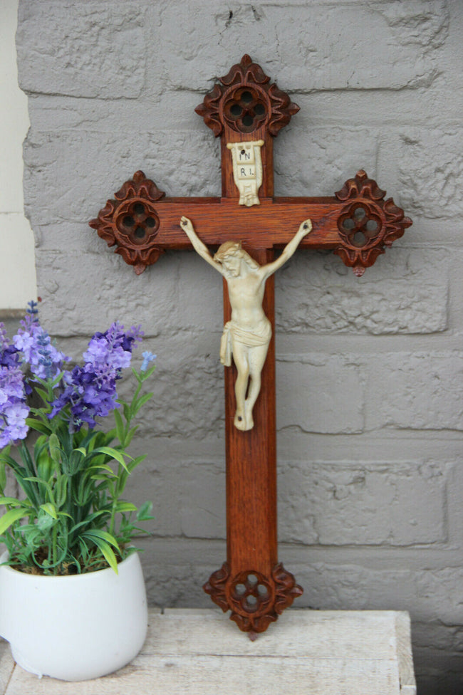 Antique neo gothic wood carved porcelain christ jesus cross