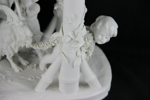 XL Antique French bisque porcelain neo classical putti cherubs ram group columns