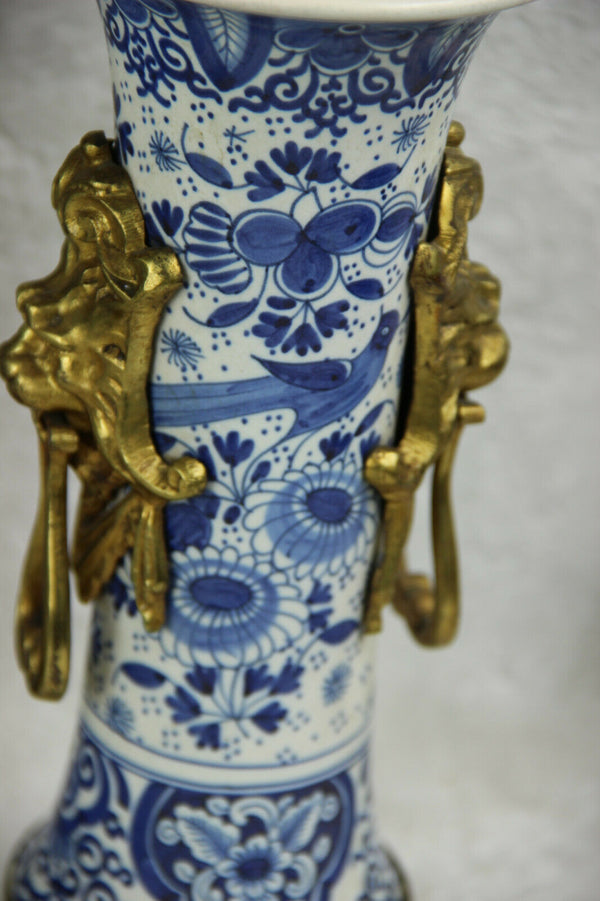 ANTIQUE BOCH Delft blue white pottery bird  pottery Clock Vases lion heads mark