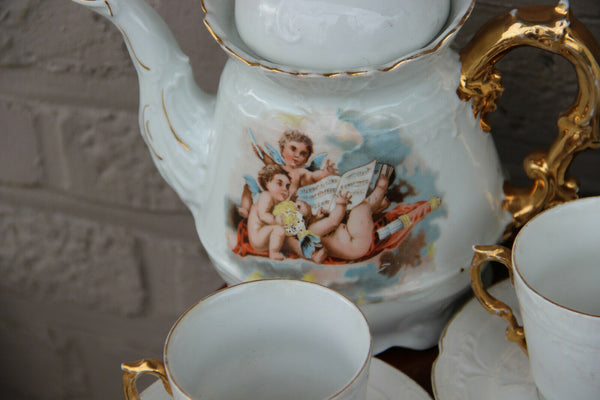 Rare French antique porcelain putti angel coffee milk sugar tea cups set