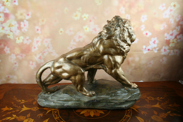 A Fagotto signed sculpture statue of a Lion terracotta plaster Patina Circa 1920