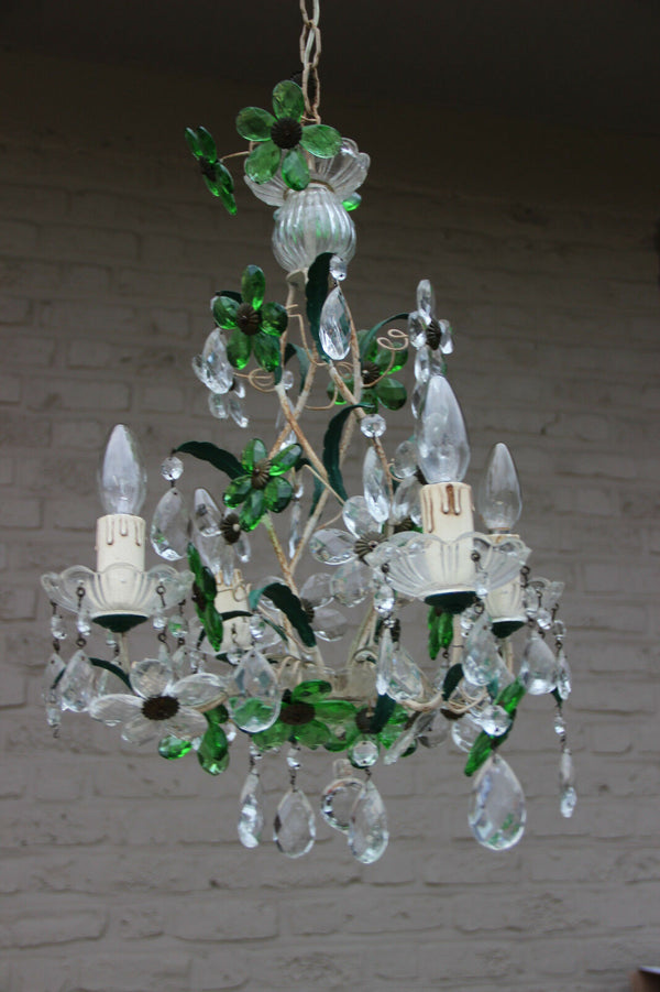 French Crystal glass green daisy flower chandelier pendant attr maison bagues